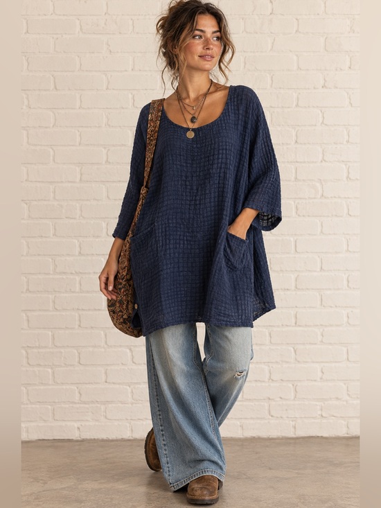 Tops - Linnea 100% Linen Navy Textured Oversized Lagenlook Tunic Top Made USA L